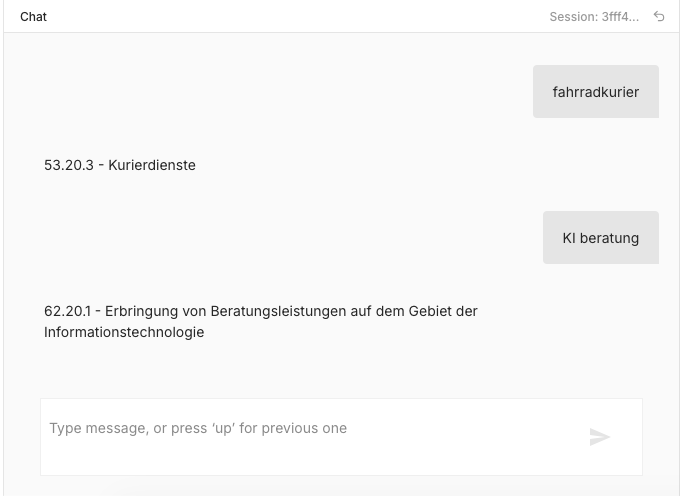 n8n-Chat: Eingabe fahrradkurier liefert 53.20.3 Kurierdienste, Eingabe KI Beratung liefert 62.20.1