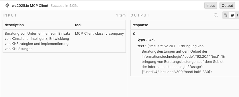 n8n-Execution-Log des MCP-Clients: Input mit Beschreibung und Tool-Name, Output mit result, code, text und usage